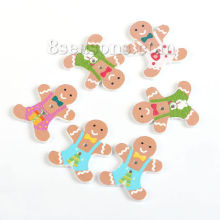 Bouton de Couture en Contre-Plaqué Deux Trous Bonhomme de Pain d'épices de Noël Couleur au Hasard 30mm x 24mm, 50 Pcs