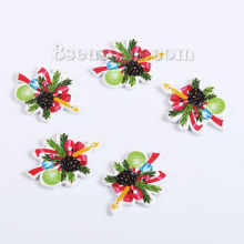 Bouton de Couture en Contre-Plaqué Noël Deux Trous Pomme de pin Multicolore Cloche 35mm x 25mm, 50 Pcs