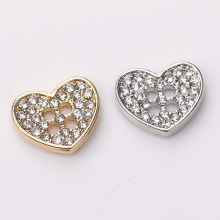 Boutons en Alliage 4 Trous Cœur TransparentStrass 12mm x 10mm, 10 Pcs