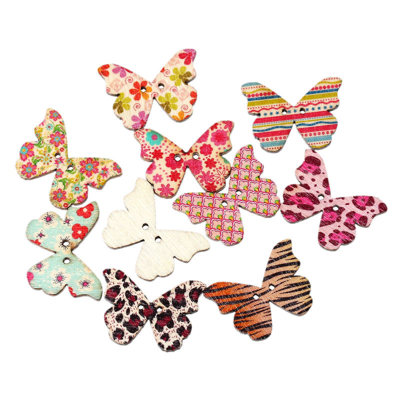 Bouton de Couture en Bois 2 Trous Couleur Naturelle Papillon Couleur au Hasard Fleur 28mm x 21mm, 7 PCs