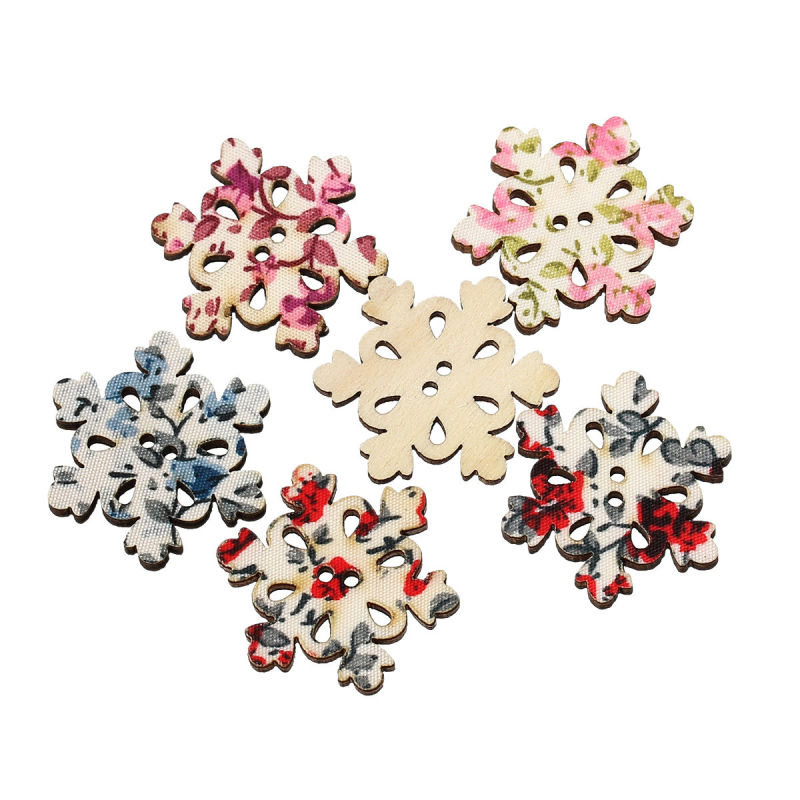 Bouton de Couture en Bois 2 Trous Noël Flocond de Noël Couleur au Hasard Fleur 30mm x 26mm, 5 PCs