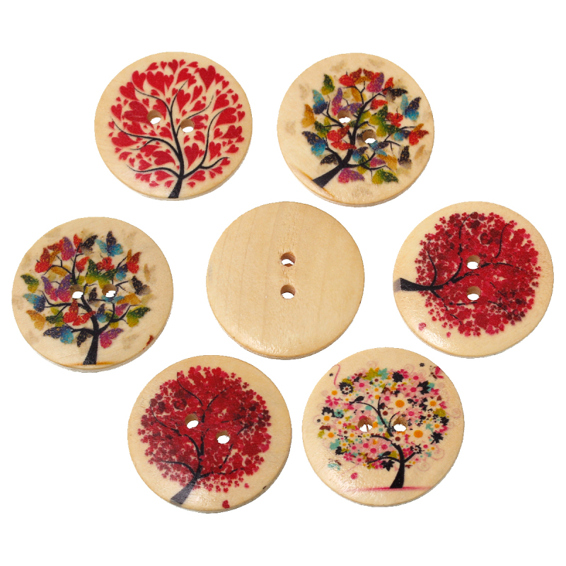 Bouton de Couture en Bois 2 Trous Couleur Naturelle Rond Couleur au Hasard Arbre 3cm Dia, 20 PCs
