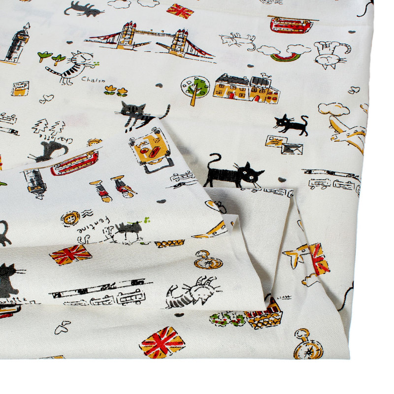 Tissu en Coton & Lin Multicolore Chats 150cm x 100cm, 1 M