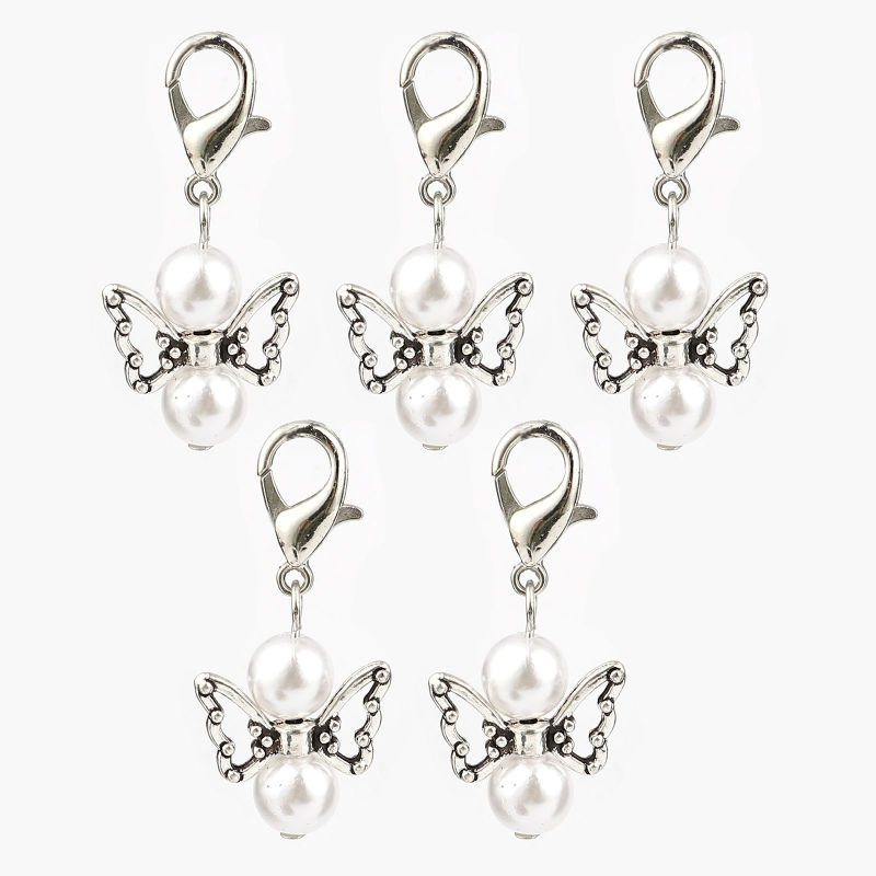 Marqueur de Maille Insecte en Alliage de Zinc Ange Argent Vieilli Blanc 38mm x 18mm, 5 Pcs