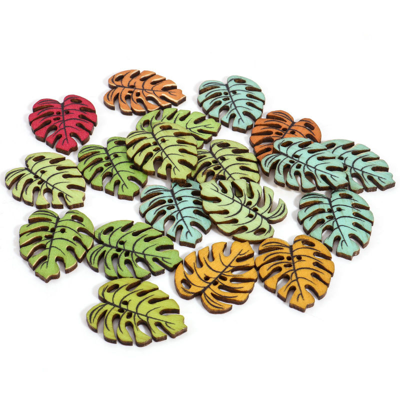 Boutons en Bois 2 Trous Couleur au Hasard Feuille de Monstère 29mm x 24mm, 1 Paquet ( 50 Pcs/Paquet)