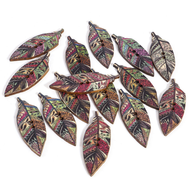 Boutons en Bois 2 Trous Couleur au Hasard Plumes 4.2cm x 1.5cm, 1 Paquet ( 50 Pcs/Paquet)