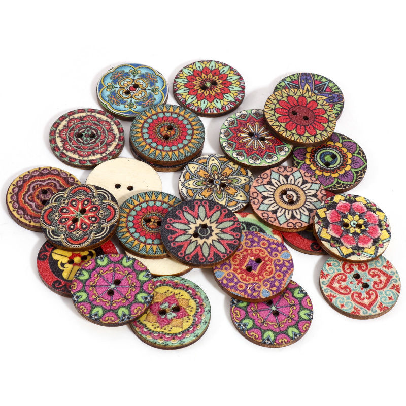 Boutons en Bois Ethnique 2 Trous Rond Couleur au Hasard 25mm Dia, 1 Paquet ( 100 Pcs/Paquet)