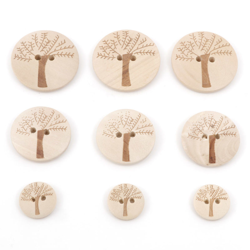 Bouton de Couture en Bois 2 Trous Rond Couleur Naturelle Arbres 50 Pcs