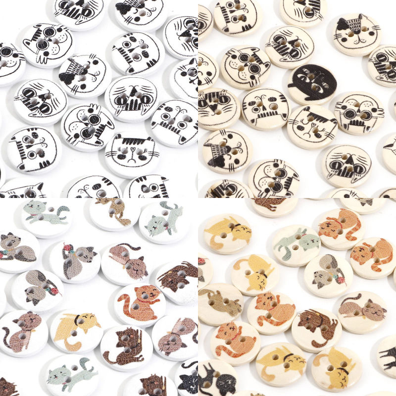 Bouton de Couture en Bois 2 Trous Chat Multicolore au Hasard 15mm Dia, 100 Pcs