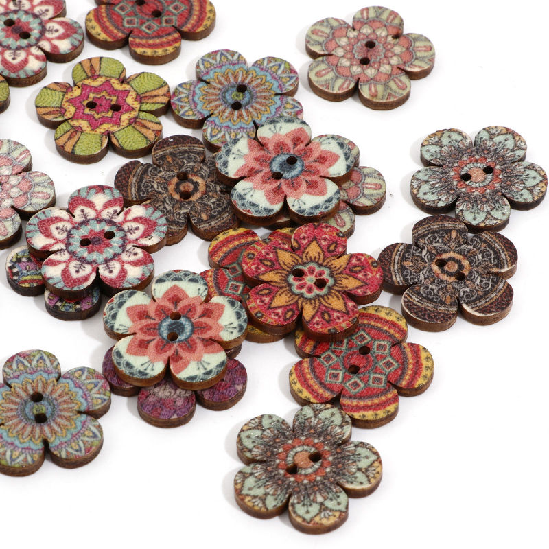 Bouton de Couture en Bois Ethnique 2 Trous Fleur Couleur au Hasard au Hasard 50 Pcs