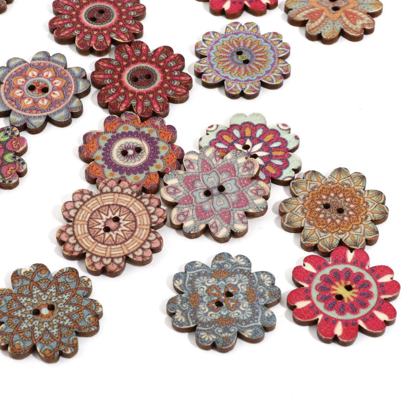 Bouton de Couture en Bois Ethnique 2 Trous Fleur Couleur au Hasard au Hasard 50 Pcs