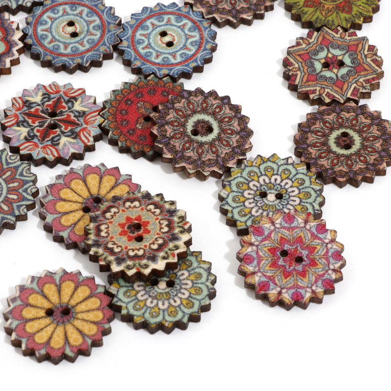 Bouton de Couture en Bois Ethnique 2 Trous Fleur Couleur au Hasard au Hasard 50 Pcs