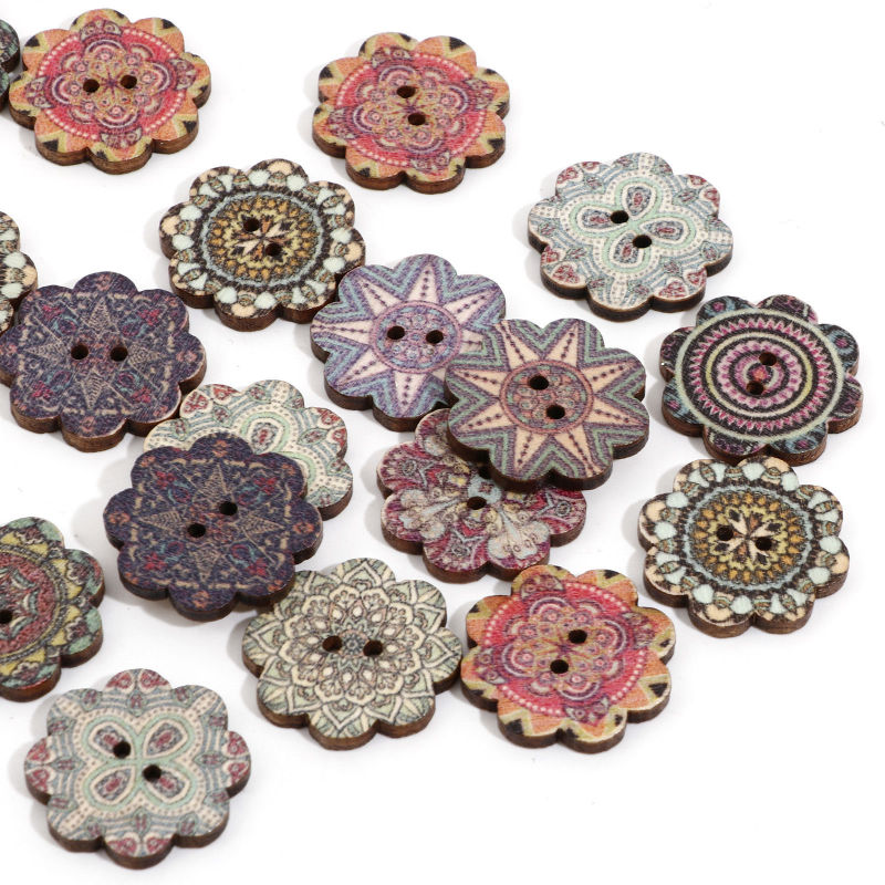 Bouton de Couture en Bois Ethnique 2 Trous Fleur Couleur au Hasard au Hasard 50 Pcs