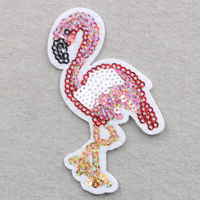Cabochons DIY Scrapbooking Artisanat Applique Tissu Textile Broderie Multicolore Flamants Paillettes 8.4cm x 4.5cm, 1 Pièce