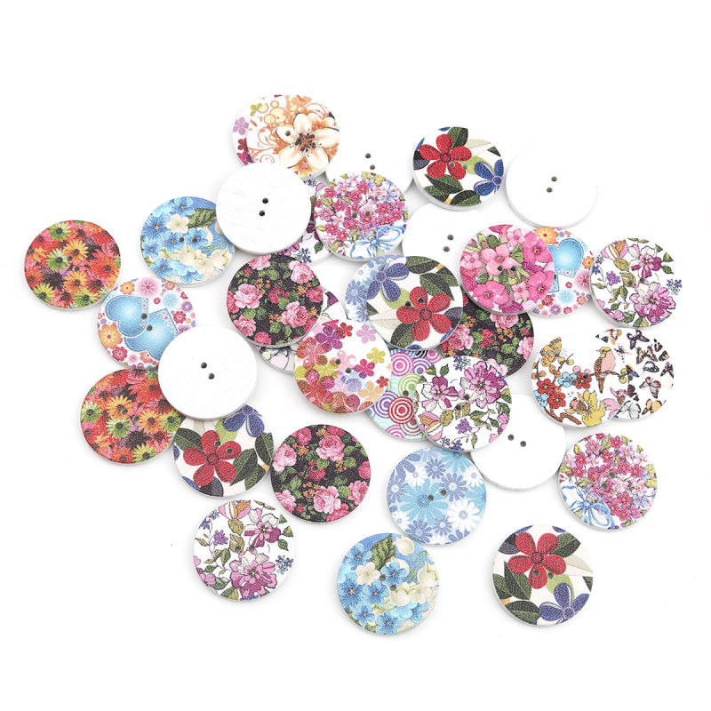 Bouton de Couture en Bois Deux Trous Rond Couleur au Hasard Fleurs 25mm Dia, 100 Pcs