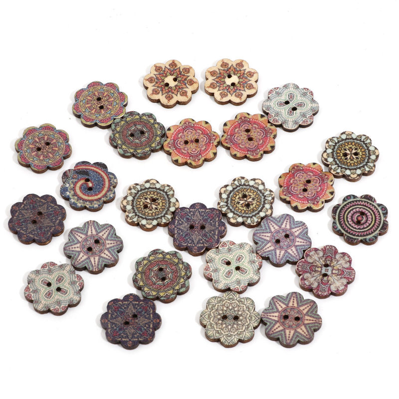 Bouton de Couture en Bois Ethnique 2 Trous Fleur Couleur au Hasard au Hasard 20mm x 20mm, 50 Pcs