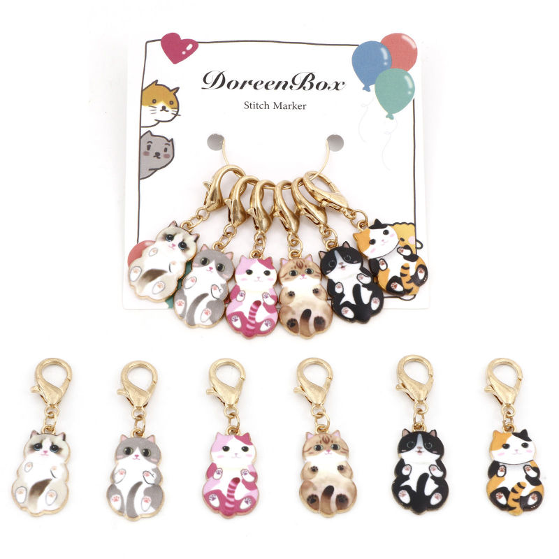 Zinc Based Alloy Knitting Stitch Markers Cat Animal Gold Plated Enamel 4.5cm x 1.4cm, 1 Set