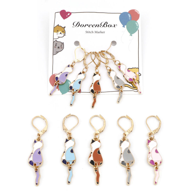 Zinc Based Alloy Knitting Stitch Markers Cat Animal Gold Plated Enamel 5.4cm x 1cm, 1 Set