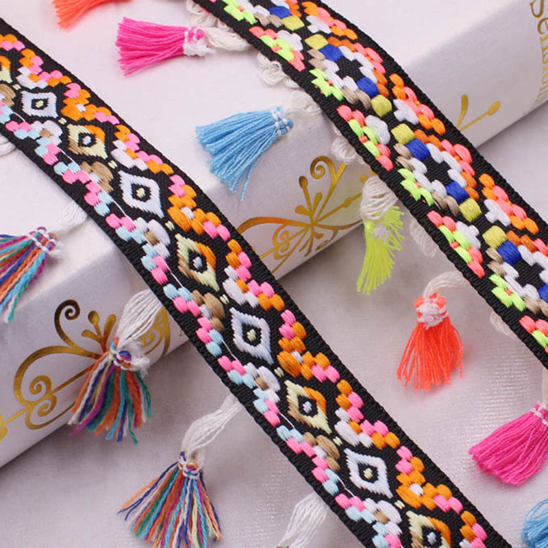Ruban Ethnique en Polyester Multicolore Franges 2.5cm, 10 Yards