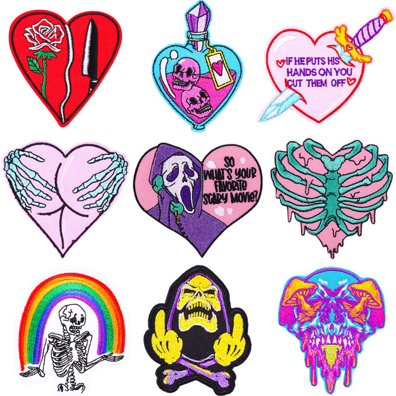 Polyester Iron On Patches Appliques (With Glue Back) DIY Sewing Craft Clothing Decoration Multicolor Skeleton Skull Cat Embroidered 2 PCs